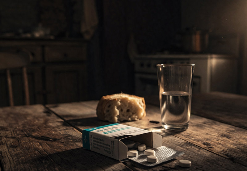 Mesa humilde con alimentos escasos y una caja de medicamentos casi vacía en un interior oscuro, iluminado tenuemente por una vela, que transmite extrema precariedad.