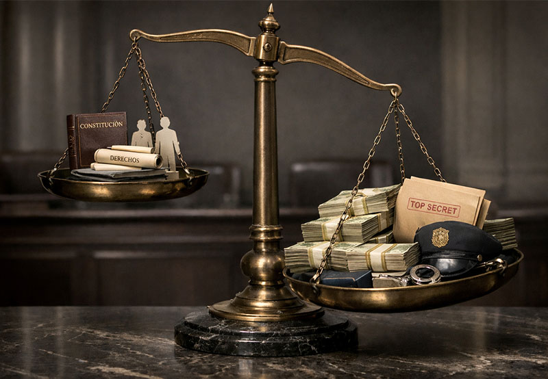 Balanza de la justicia inclinada hacia un platillo cargado con dinero, documentos clasificados y símbolos de seguridad, mientras el lado opuesto, elevado y debilitado, sostiene una constitución y derechos fundamentales, reflejando la desigualdad estructural del poder en el derecho penal y la erosión del control judicial