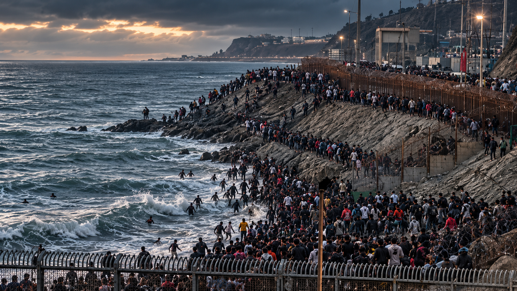 Imagen generada por IA que muestra una frontera costera al atardecer, con una multitud de personas avanzando por el litoral y el mar junto a una valla fronteriza, bajo un cielo oscuro y una atmósfera de tensión institucional. La escena evoca presión humanitaria, instrumentalización migratoria, amenaza híbrida, control fronterizo y derechos humanos en el contexto de Ceuta.