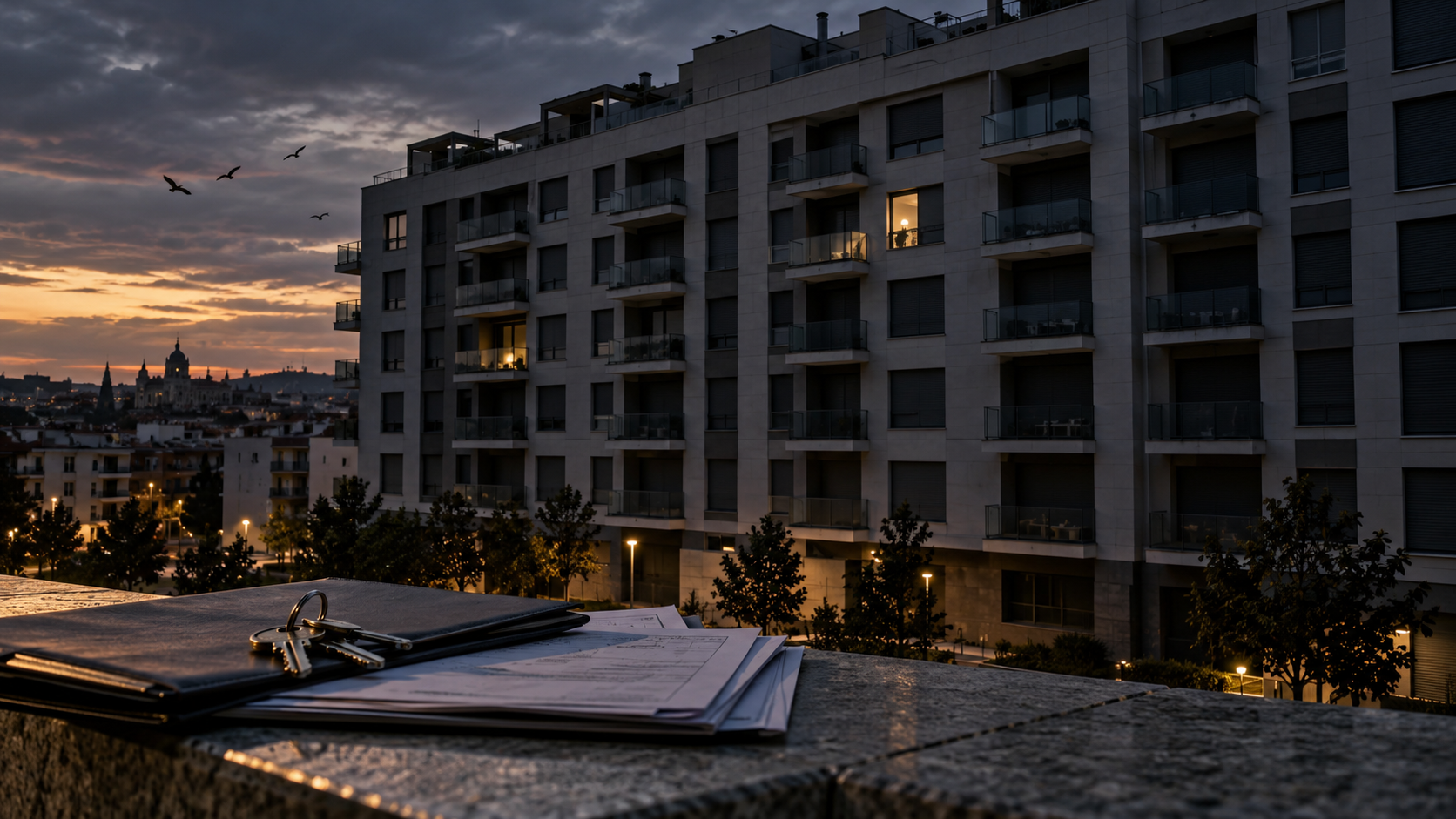 Bloque residencial con numerosas viviendas vacías y buitres sobrevolando a lo lejos, como símbolo del debate sobre vivienda, ocupación pacífica, fondos buitre y abusos especulativos.